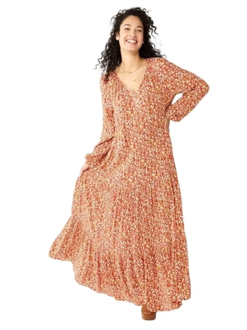 Sonoma Orange Tiered Long Sleeve Maxi Dress - Petite Medium